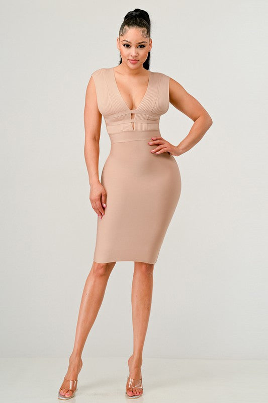 Nude Deep Plunge Bandage Dress