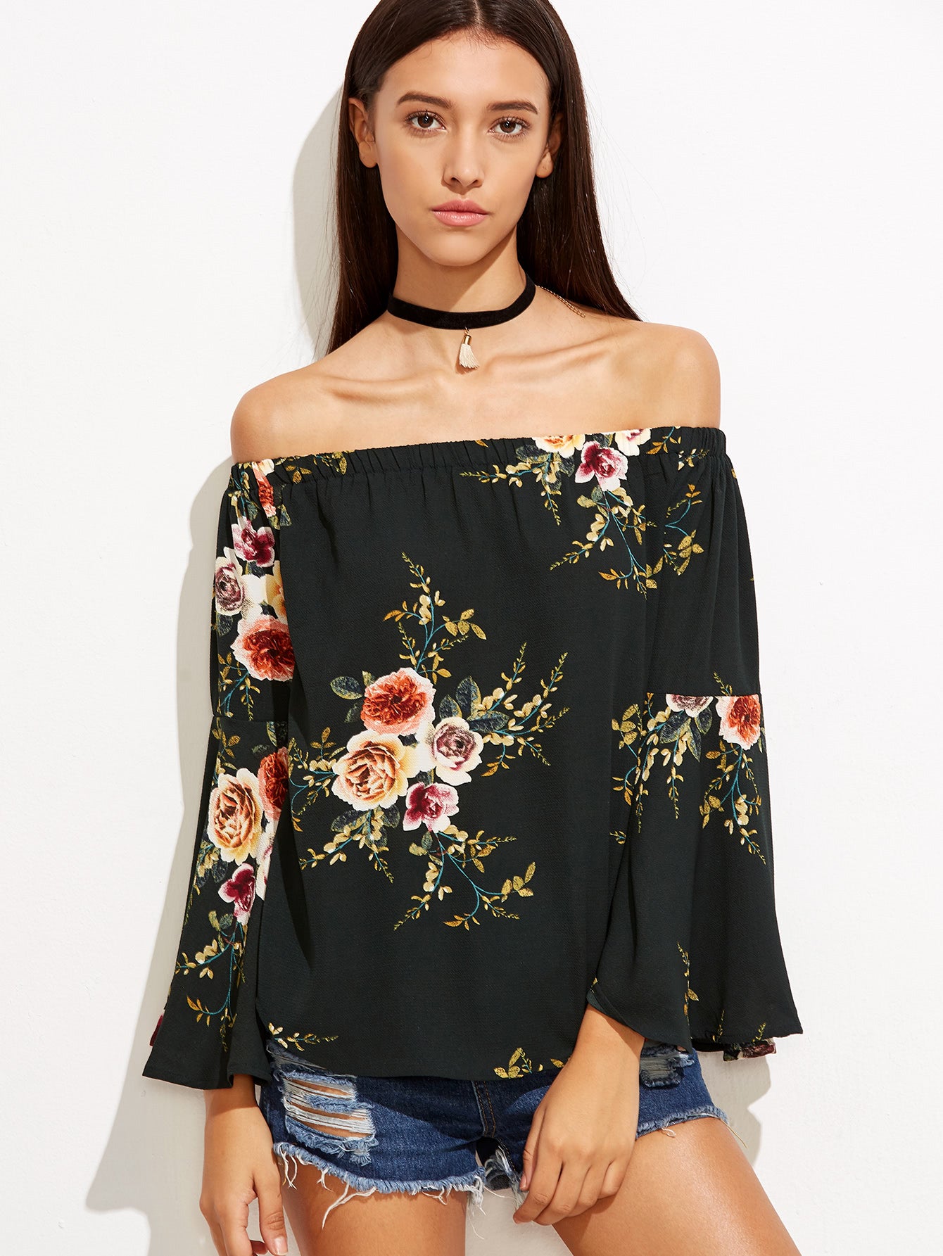 Off Shoulder Top with Bell Sleeves - Floral Prints