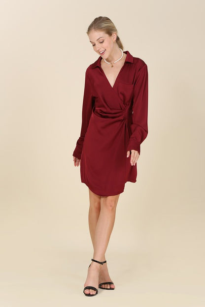 Long-Sleeved Satin Collared Wrap Mini Dress - steven wick