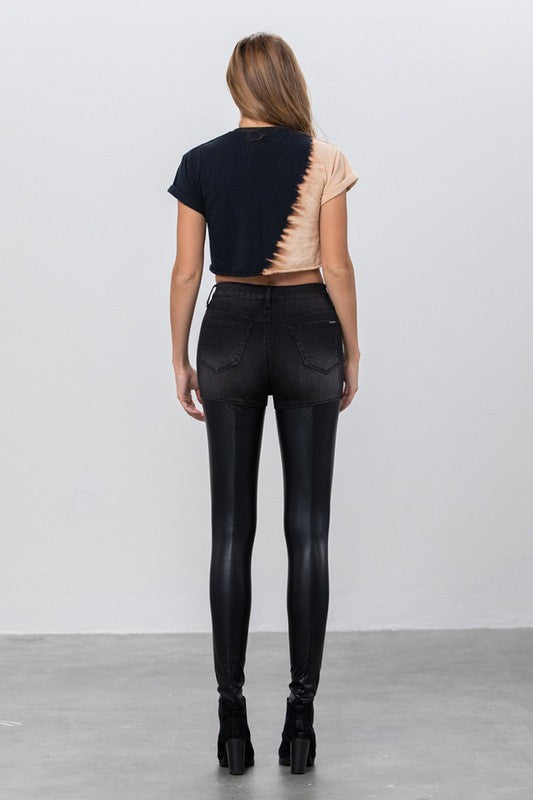 High Rise Leather Black Denim Combo Pants - steven wick