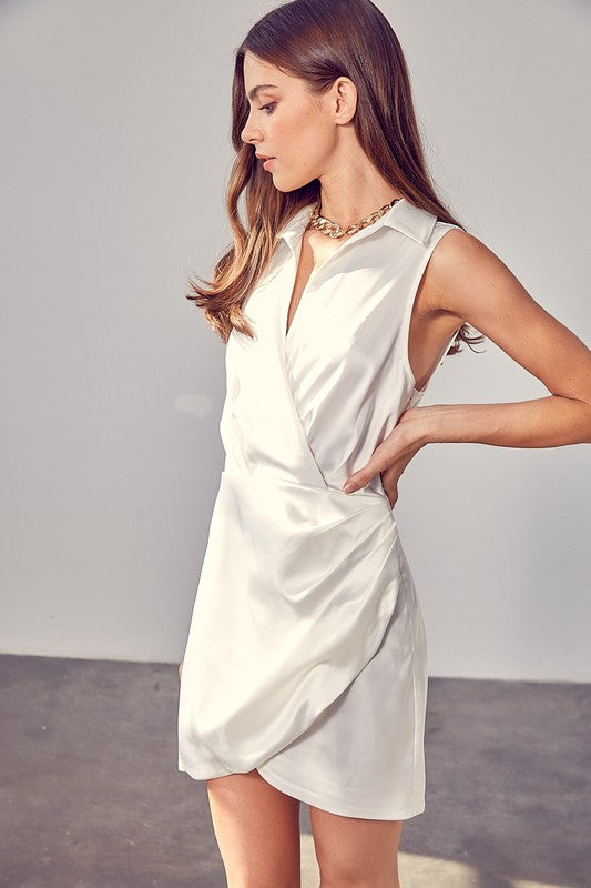 Sleeveless Satin Mini Collared Wrap Dress - steven wick