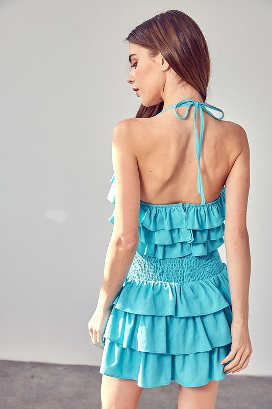 Mini Aqua Blue Smocked Waist Ruffle Romper - steven wick