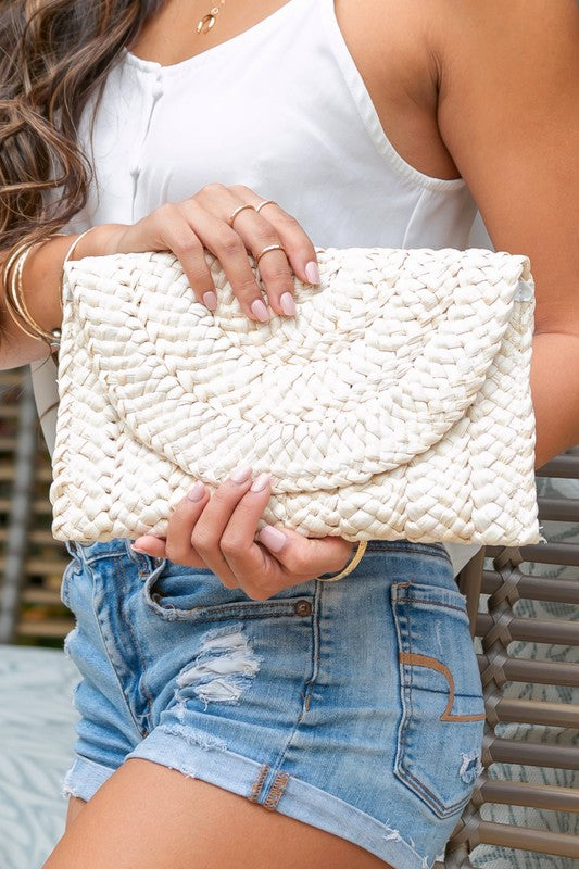 Fold Over Straw Clutch Bag - steven wick