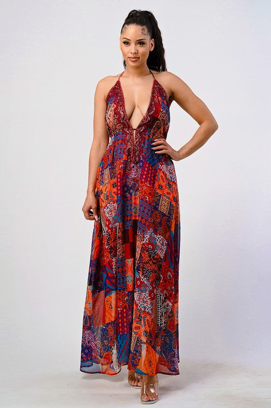 Bohemian Print Sequin Lace Trim Maxi Dress - steven wick