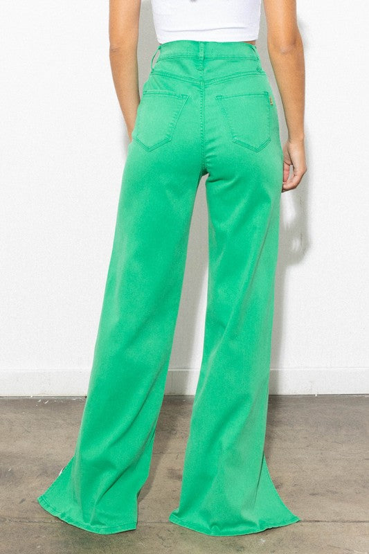 Green Front Slit Wide Leg Tencel Pants - steven wick