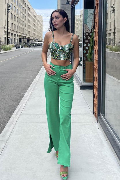 Green Front Slit Wide Leg Tencel Pants - steven wick