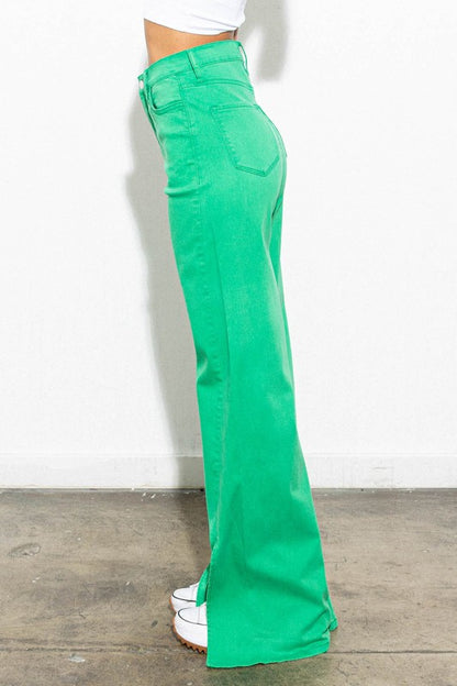 Green Front Slit Wide Leg Tencel Pants - steven wick