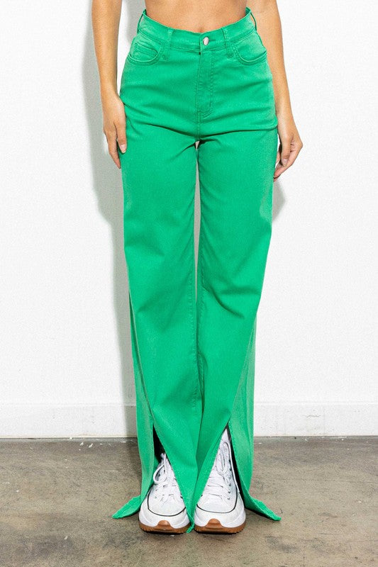 Green Front Slit Wide Leg Tencel Pants - steven wick