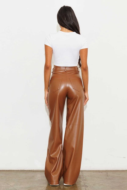 Cognac Vegan Leather Wide Leg Pants - steven wick