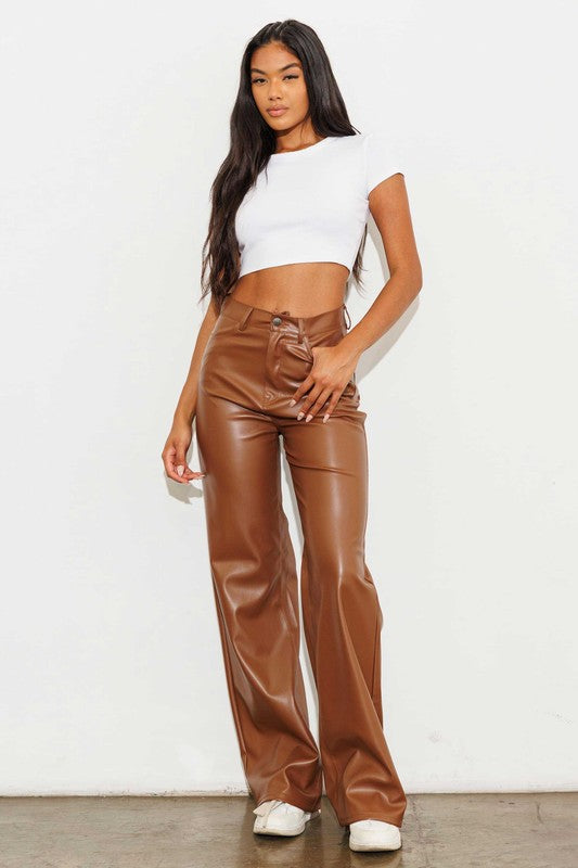 Cognac Vegan Leather Wide Leg Pants - steven wick