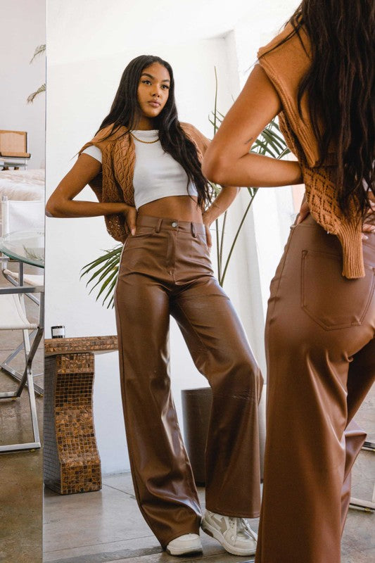 Cognac Vegan Leather Wide Leg Pants - steven wick