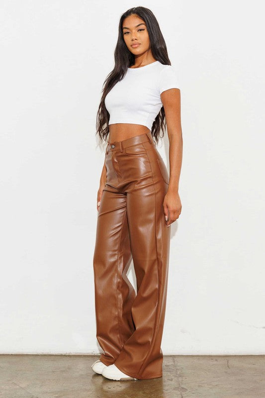 Cognac Vegan Leather Wide Leg Pants - steven wick