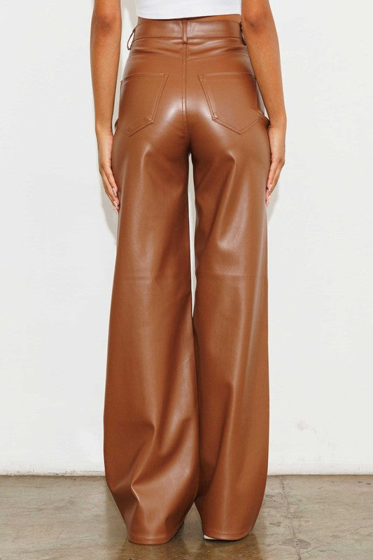 Cognac Vegan Leather Wide Leg Pants - steven wick