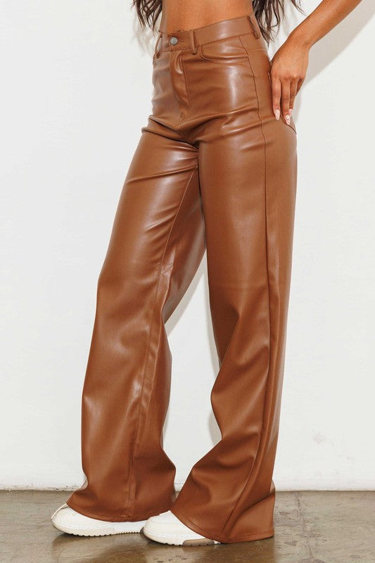 Cognac Vegan Leather Wide Leg Pants - steven wick