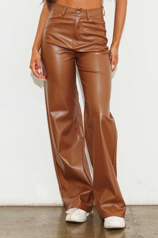 Cognac Vegan Leather Wide Leg Pants - steven wick