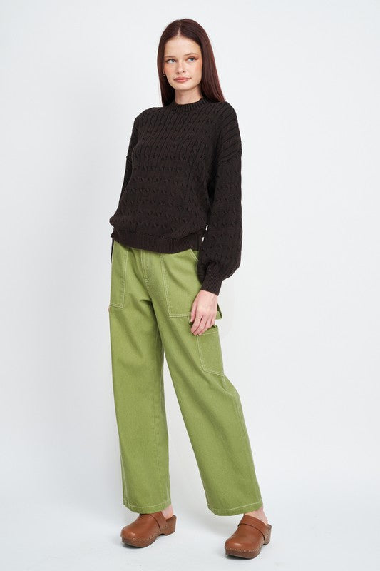 Crew Neck Cable Knit Top with Bubble Sleeves - steven wick