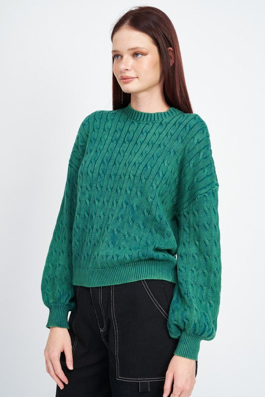 Crew Neck Cable Knit Top with Bubble Sleeves - steven wick