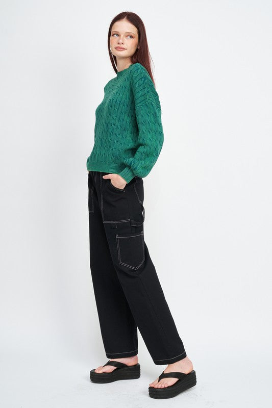 Crew Neck Cable Knit Top with Bubble Sleeves - steven wick