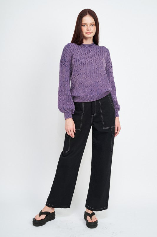 Crew Neck Cable Knit Top with Bubble Sleeves - steven wick