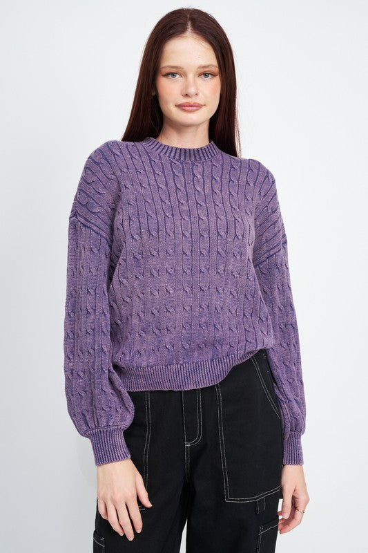 Crew Neck Cable Knit Top with Bubble Sleeves - steven wick