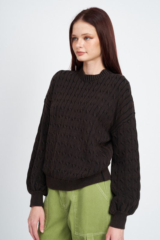 Crew Neck Cable Knit Top with Bubble Sleeves - steven wick