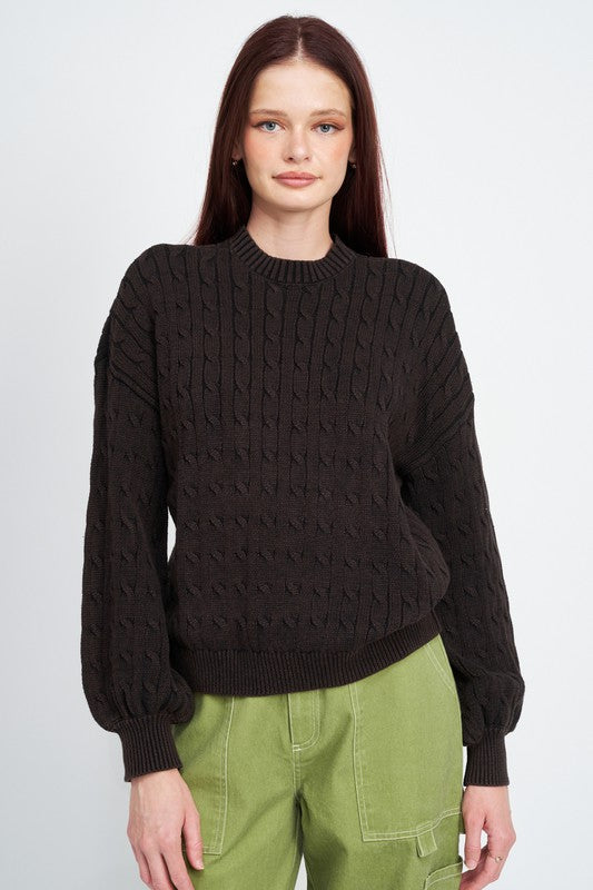 Crew Neck Cable Knit Top with Bubble Sleeves - steven wick