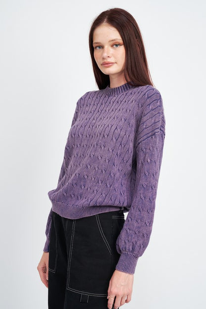 Crew Neck Cable Knit Top with Bubble Sleeves - steven wick