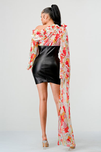 Off-Shoulder Floral Leather Mini Dress - steven wick