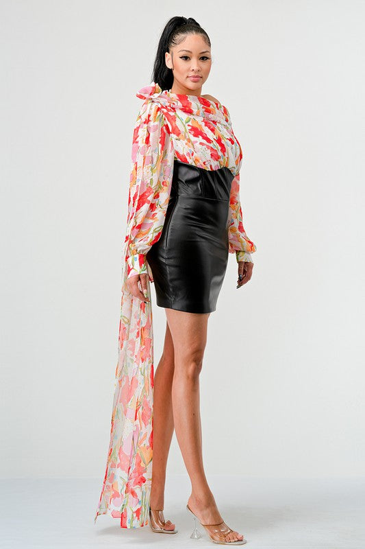 Off-Shoulder Floral Leather Mini Dress - steven wick