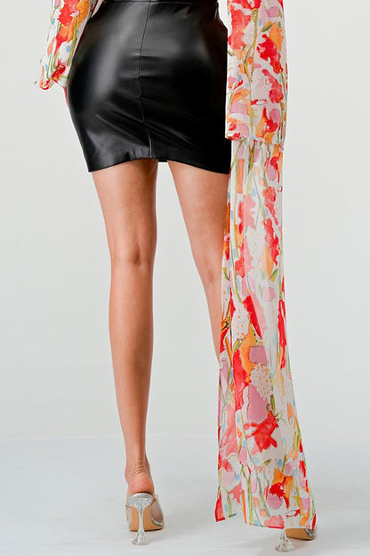 Off-Shoulder Floral Leather Mini Dress - steven wick