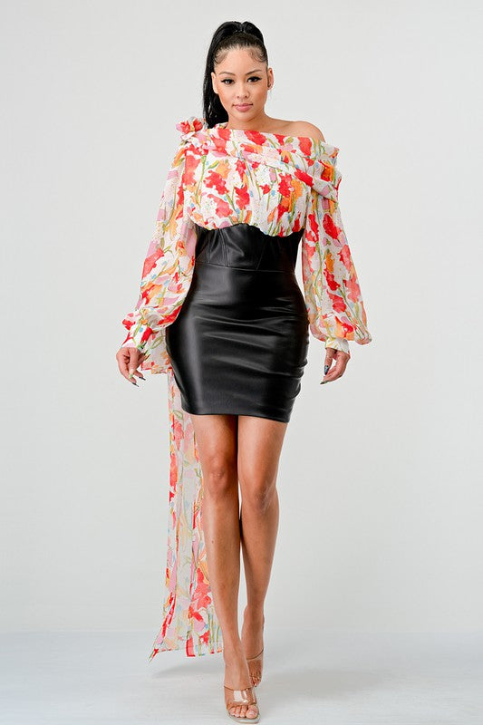 Off-Shoulder Floral Leather Mini Dress - steven wick