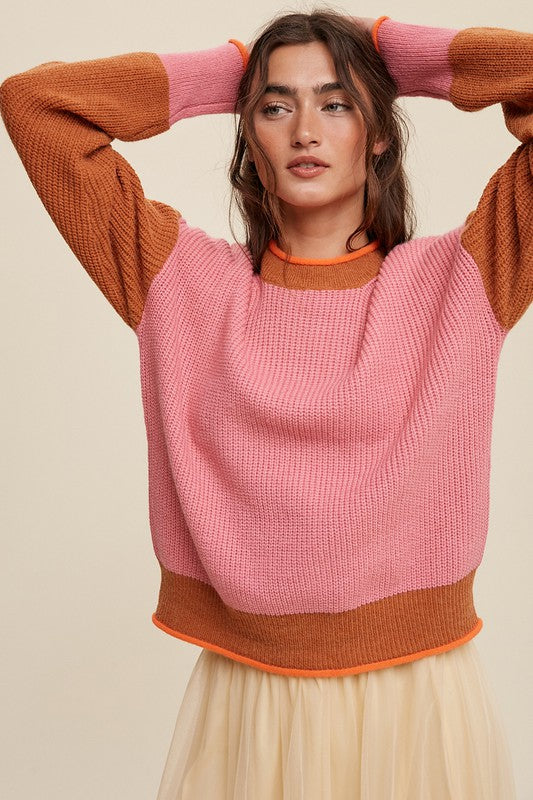 Pink Coloured Block Ribbed Knit Sweater - steven wick