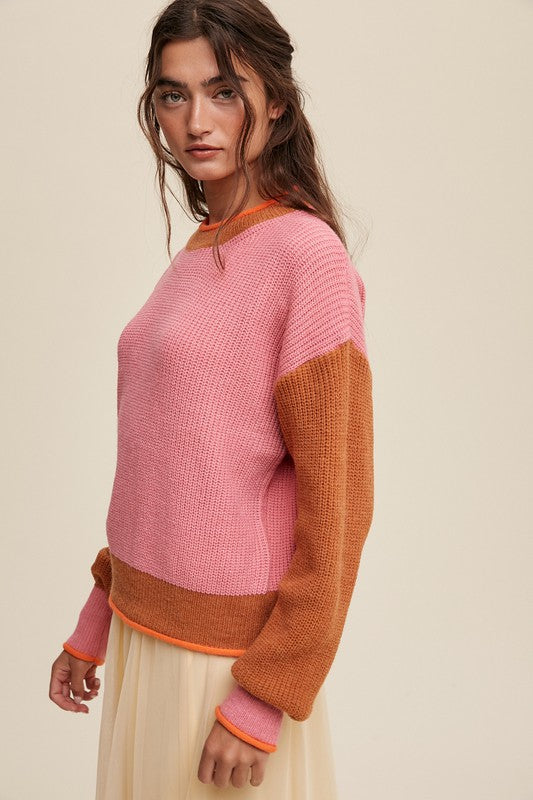 Pink Coloured Block Ribbed Knit Sweater - steven wick