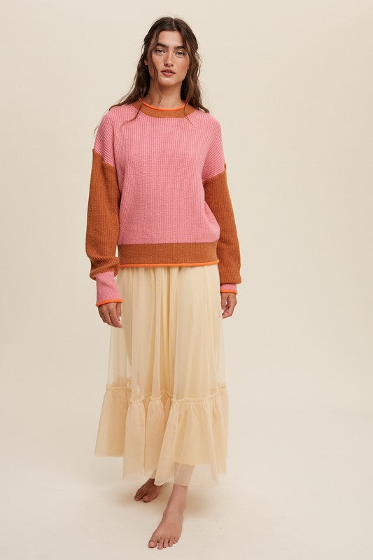 Pink Coloured Block Ribbed Knit Sweater - steven wick