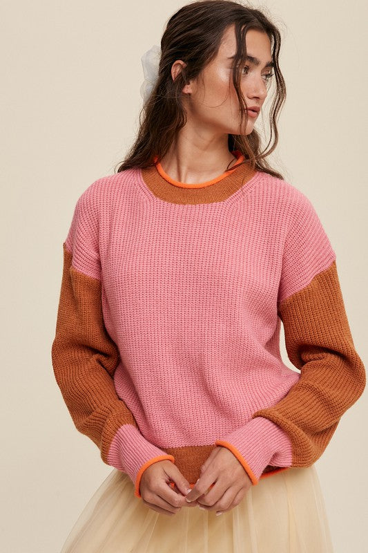 Pink Coloured Block Ribbed Knit Sweater - steven wick