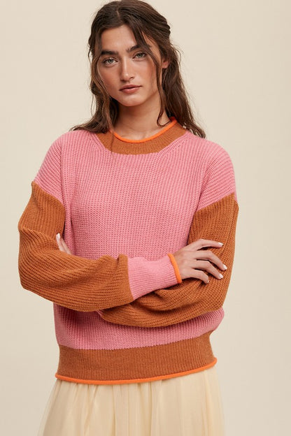 Pink Coloured Block Ribbed Knit Sweater - steven wick