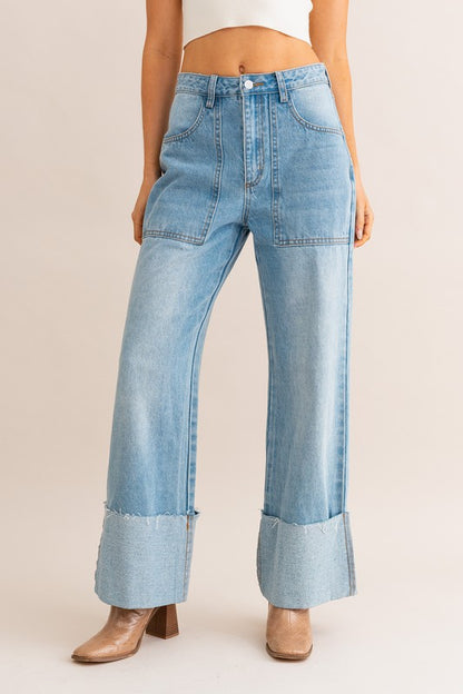 High-Waisted Wide Leg Cuffed Jeans - steven wick