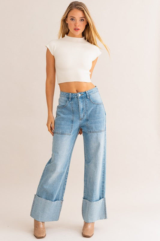 High-Waisted Wide Leg Cuffed Jeans - steven wick