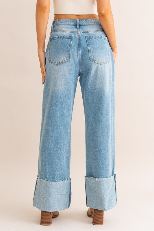 High-Waisted Wide Leg Cuffed Jeans - steven wick