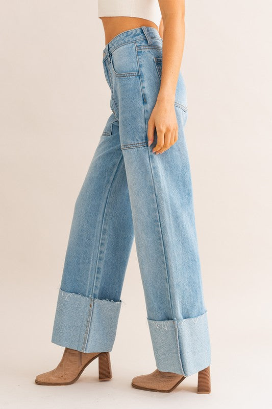 High-Waisted Wide Leg Cuffed Jeans - steven wick