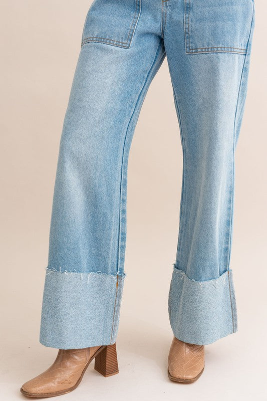 High-Waisted Wide Leg Cuffed Jeans - steven wick