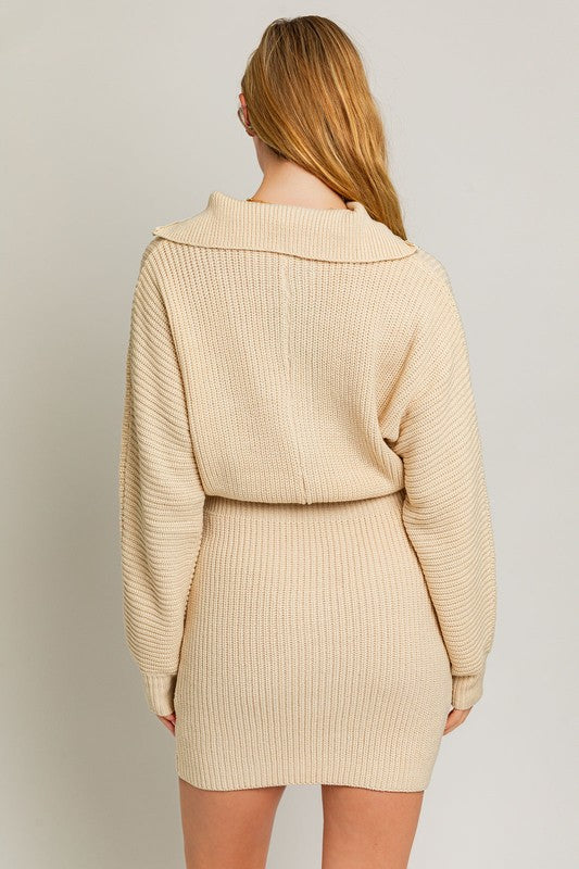 Casual Solid Long-Sleeved Zipper Sweater Dress - steven wick