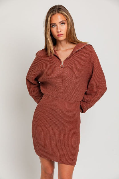 Casual Solid Long-Sleeved Zipper Sweater Dress - steven wick