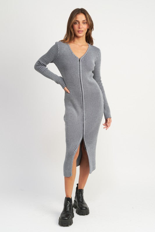 V-Neck Midi Ribbed Knit Dress With Two Way Zipper