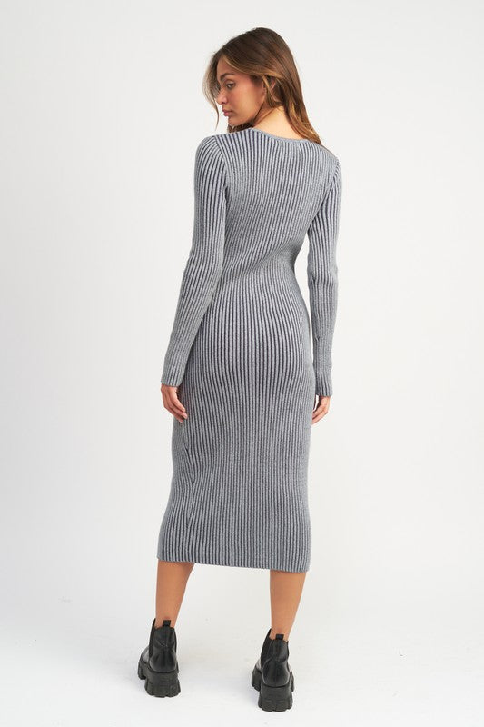 V-Neck Midi Ribbed Knit Dress With Two Way Zipper - steven wick