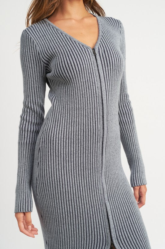 V-Neck Midi Ribbed Knit Dress With Two Way Zipper - steven wick