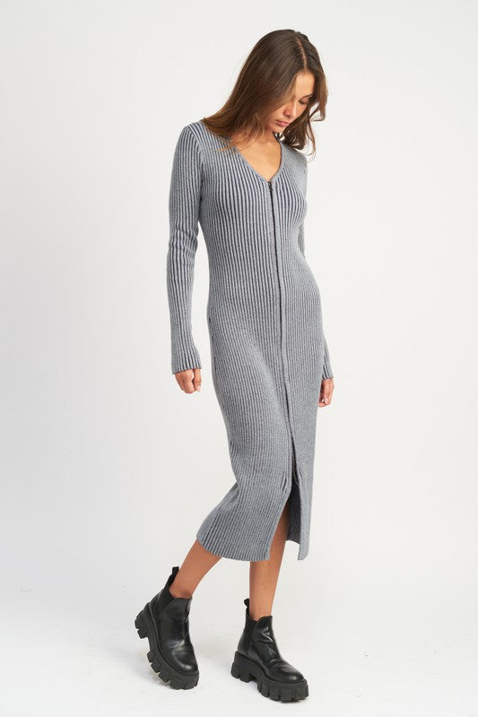 V-Neck Midi Ribbed Knit Dress With Two Way Zipper - steven wick