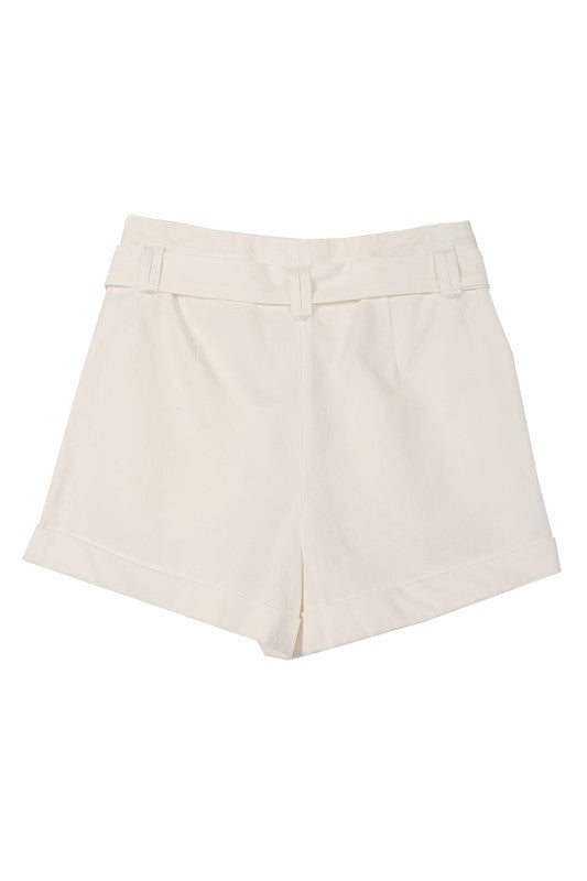 Solid High Waisted Wide Thigh Casual Belted Shorts - steven wick