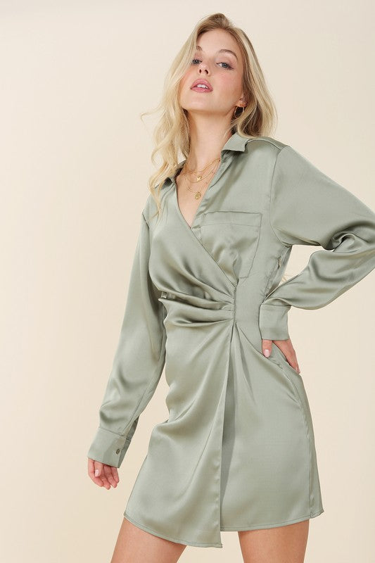 Long-Sleeved Satin Collared Wrap Mini Dress - steven wick