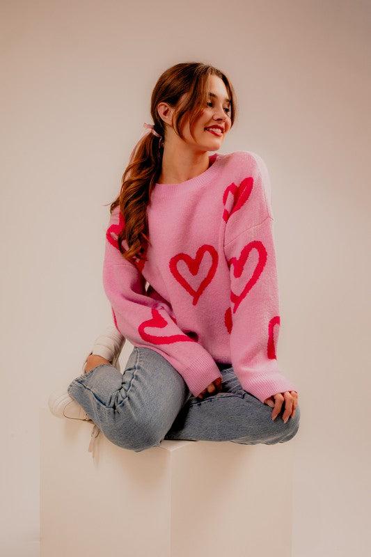 Long Sleeve Round Neck Heart Printed Sweater - steven wick